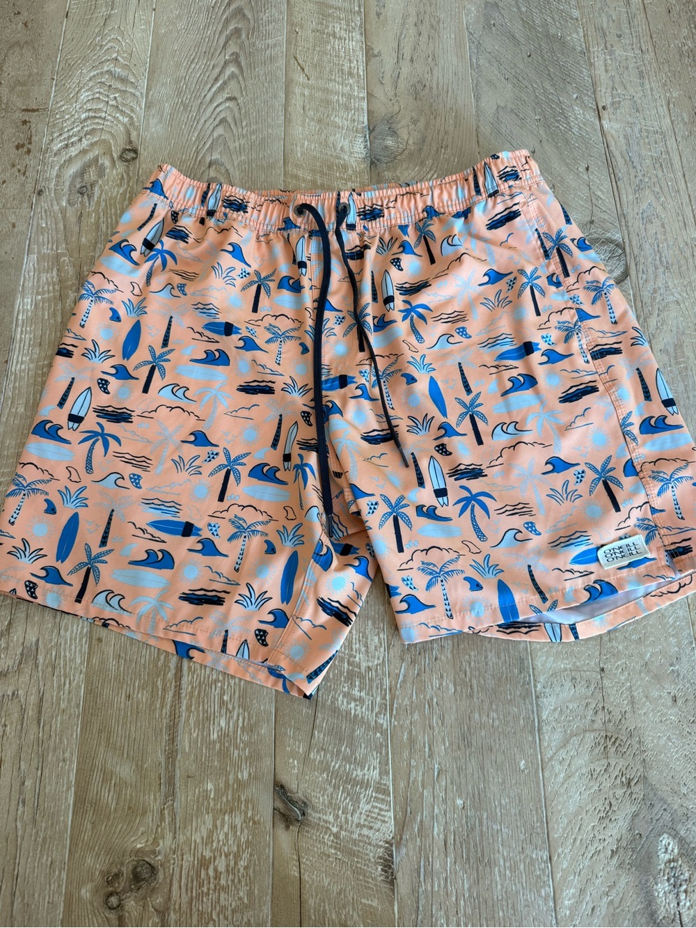 O'Neill Peach Swim Trunks with Blue Tropical Print XL